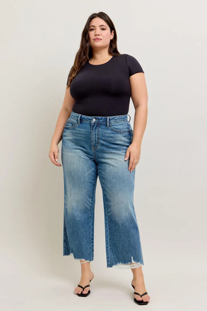 Judy Blue Plus Size High Waist Rigid Magic Destroy Hem Crop Wide Jeans