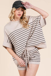 Lime 'N' Chili Striped Folded Half Sleeve Top and Shorts Set | Outfit Sets Daverri Fashions