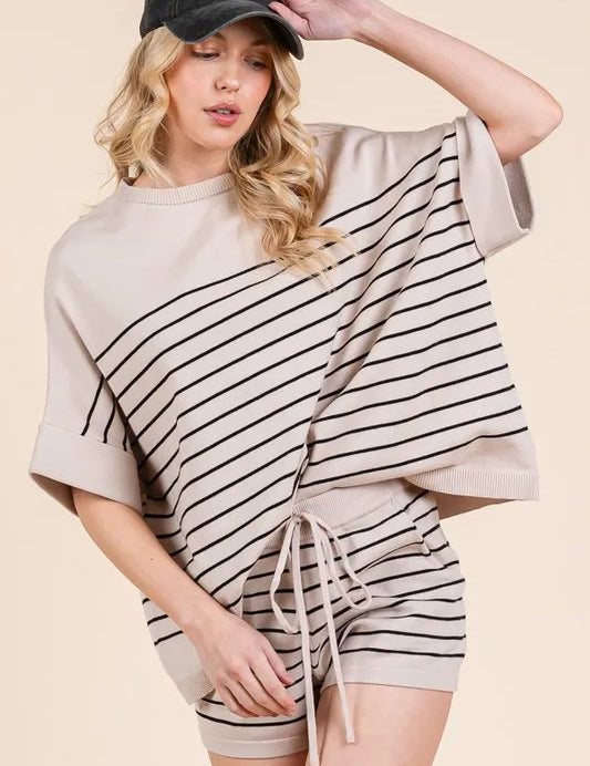 Lime 'N' Chili Striped Folded Half Sleeve Top and Shorts Set | Outfit Sets Daverri Fashions