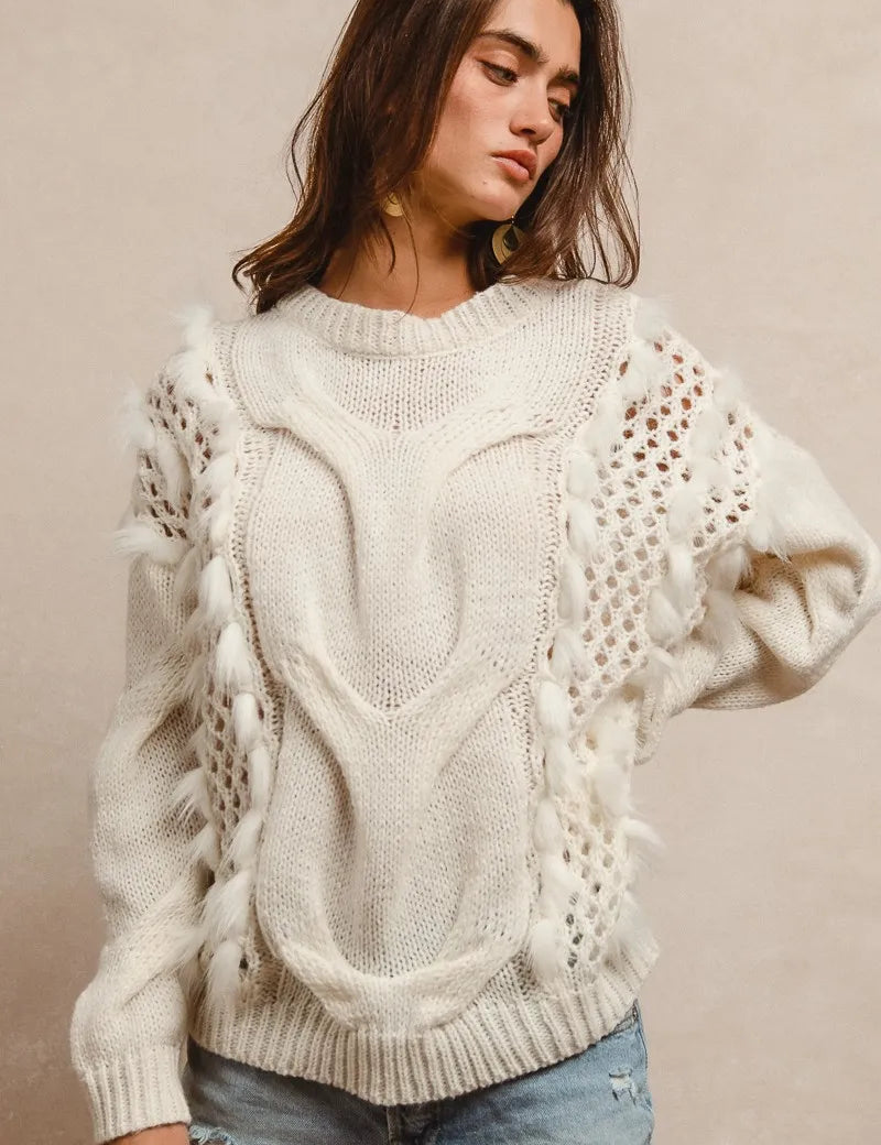 IVORY BiBi Faux Fur Detailed Pointelle Cable Knit Sweater | Sweaters Daverri Fashions