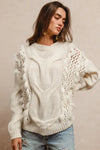 BiBi Faux Fur Detailed Pointelle Cable Knit Sweater - DAVERRI FASHIONS