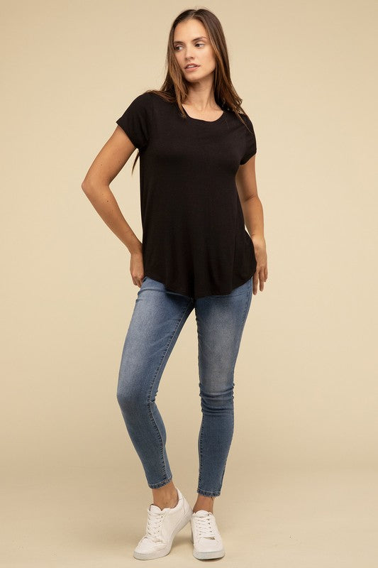 Flowy Round Hem Rayon Short Sleeve Top T-Shirts