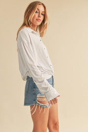 Aemi + Co Twisted Hemline Button Detail Collared Neck Top | Tops Daverri Fashions