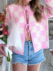Checkered Tie-Front Cropped Cardigan | Cardigans Daverri Fashions