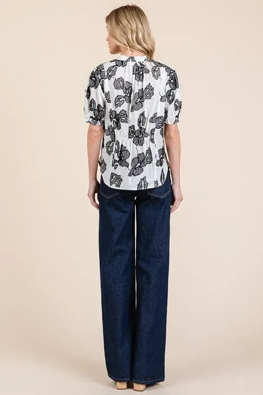 Lime 'N' Chili Embroidered Split Neck Puff Sleeve Blouse - DAVERRI FASHIONS