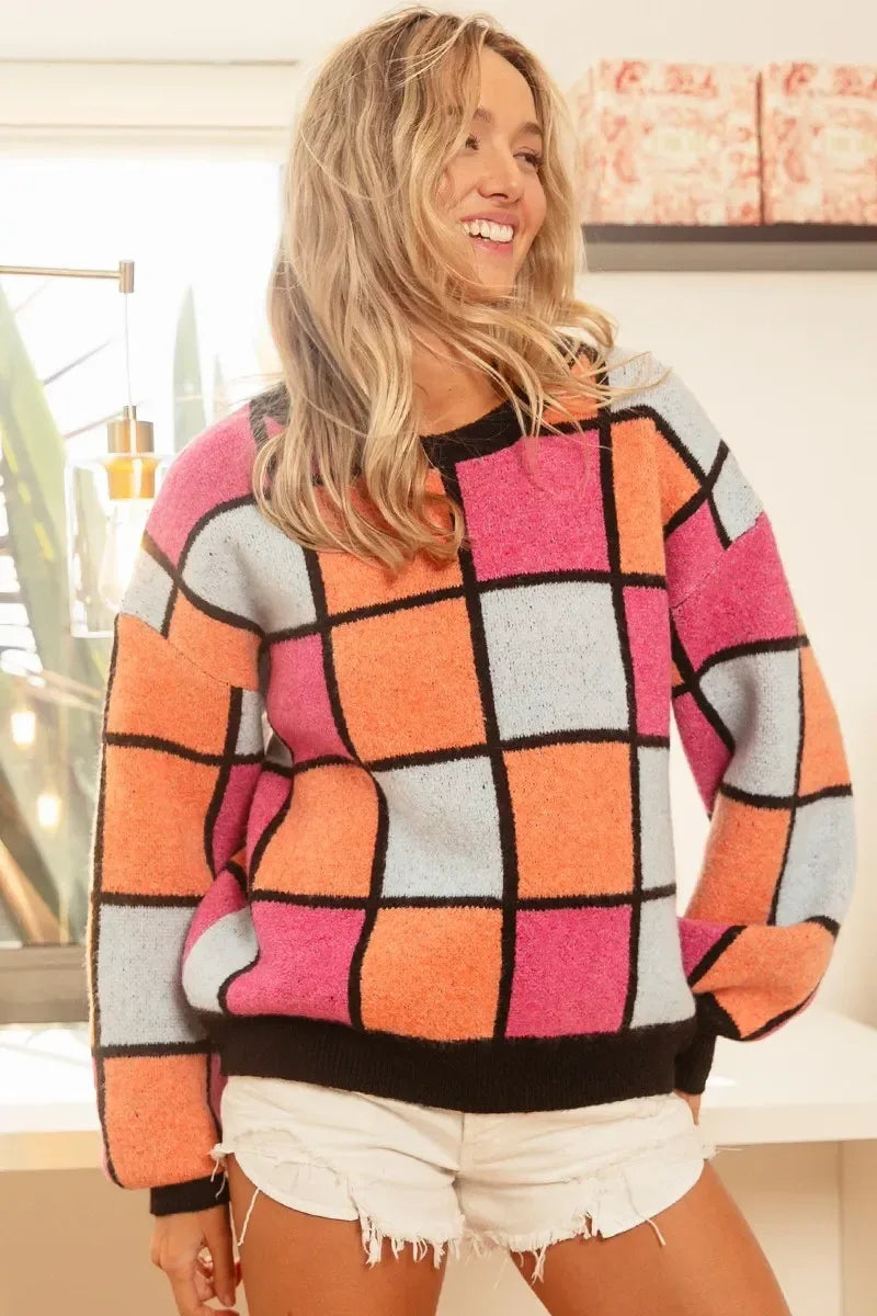 BiBi Multi Color Checker Pattern Sweater - DAVERRI FASHIONS