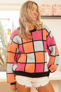 BiBi Multi Color Checker Pattern Sweater - DAVERRI FASHIONS