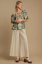 Umgee Abstract Print Smocked Square Neck Puff Sleeve Blouse Plus | Blouses Daverri Fashions