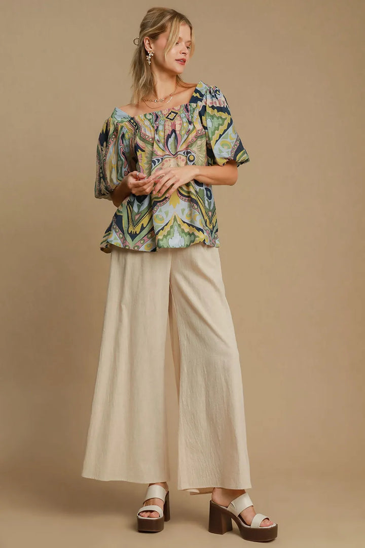 Umgee Abstract Print Smocked Square Neck Puff Sleeve Blouse Plus | Blouses Daverri Fashions