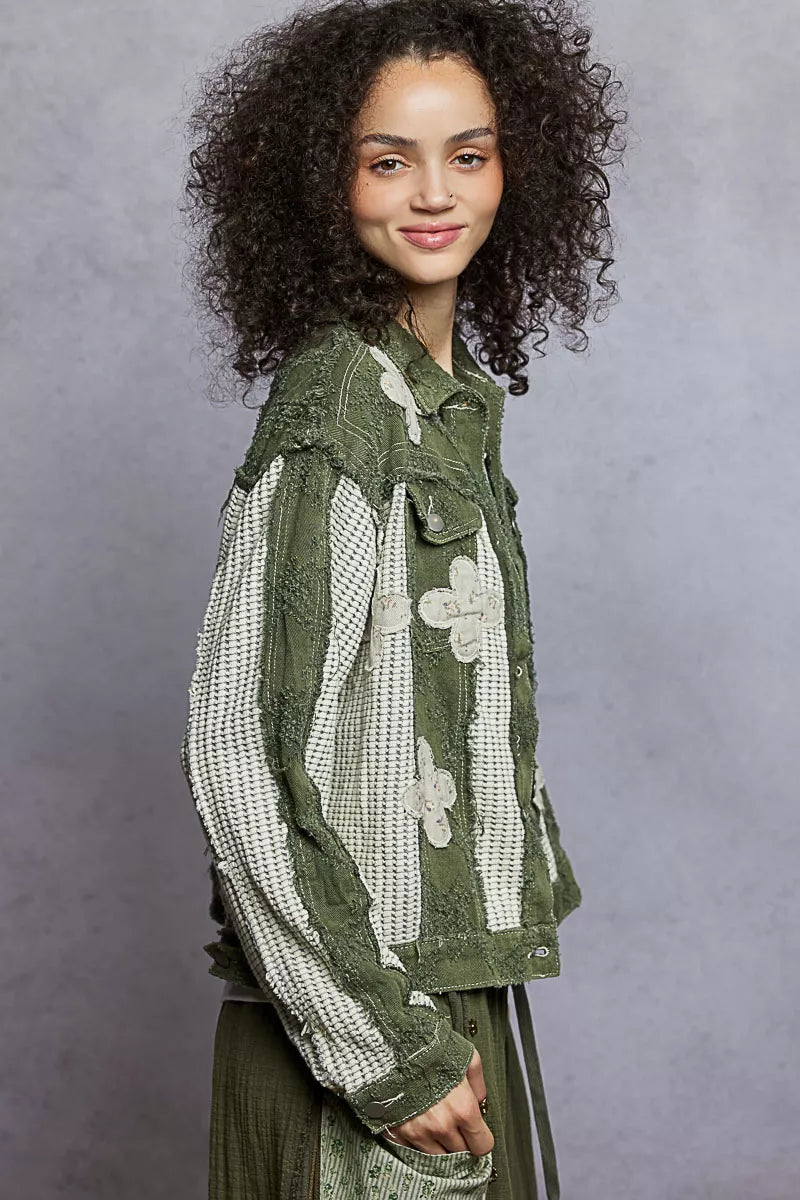 POL Button Down Raw Hem Jacket with Floral Patch | Jackets Daverri Fashions
