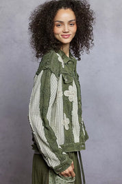 POL Button Down Raw Hem Jacket with Floral Patch | Jackets Daverri Fashions
