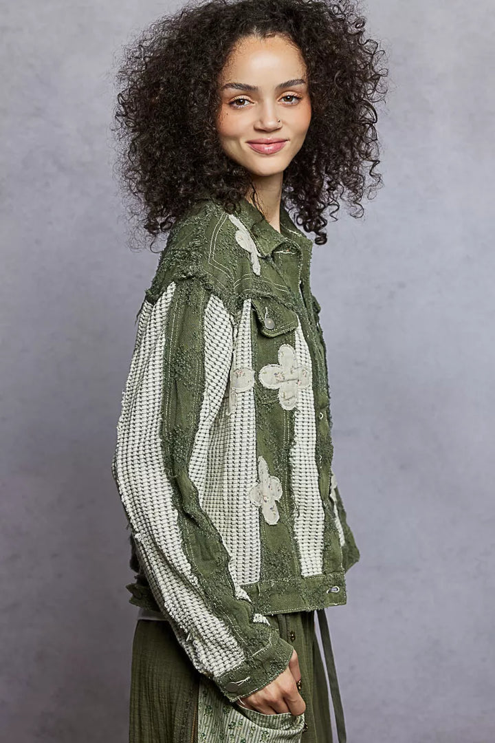 POL Button Down Raw Hem Jacket with Floral Patch | Jackets Daverri Fashions