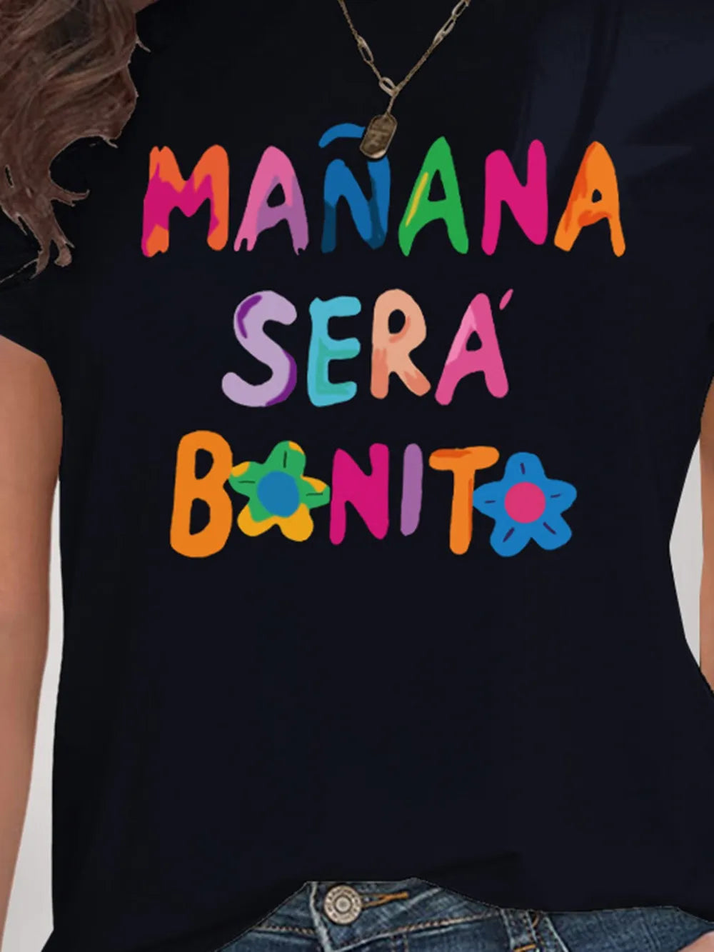 Black Letter Graphic T-Shirt with Rainbow Floral Mañana Será Bonita Design