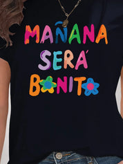 Black Letter Graphic T-Shirt with Rainbow Floral Mañana Será Bonita Design