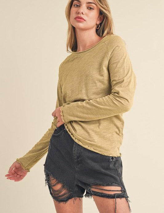 Latte S Aemi + Co Lettuce Hemline Round Neck Raglan Sleeve T-Shirt | T-Shirts Daverri Fashions
