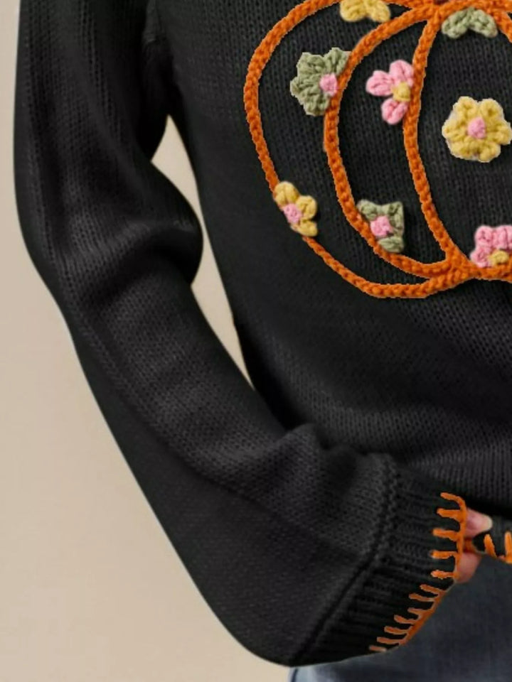 SO ME Pumpkin Floral Embroidered Thanksgiving Sweater | Sweaters Daverri Fashions