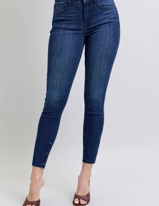 DK 20W Judy Blue Full Size Mid Rise Skinny Jeans with Raw Hem Plus Size | Daverri Fashions
