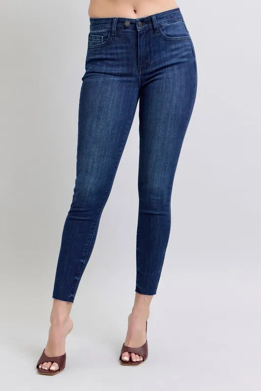 Judy Blue Full Size Mid Rise Skinny Jeans with Raw Hem Plus Size DK