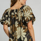Umgee Full Size Print Round Neck Puff Sleeve Top Plus Size Tops
