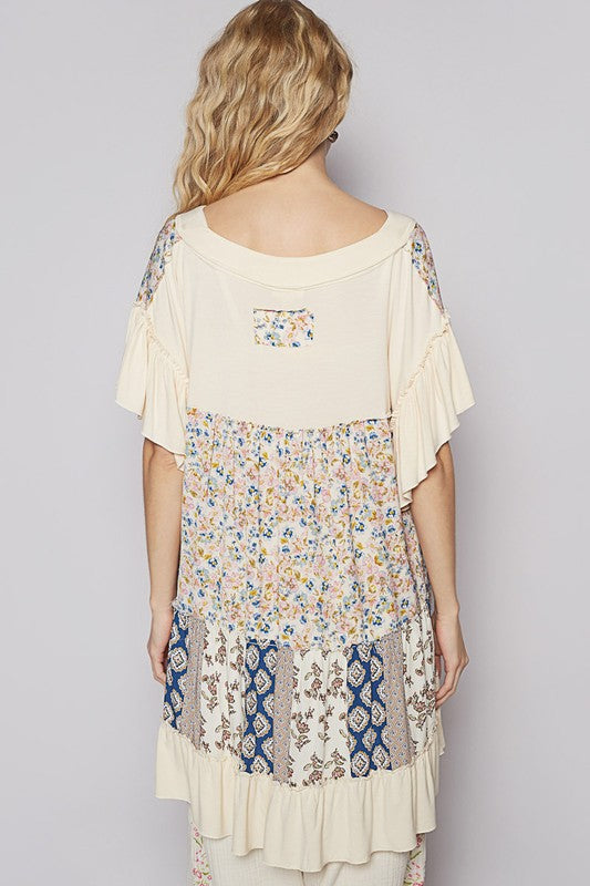 POL Ruffled Hem Printed V-Neck Short Sleeve Blouse