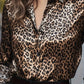 Sleek satin-finish leopard-print button-up long sleeve blouse