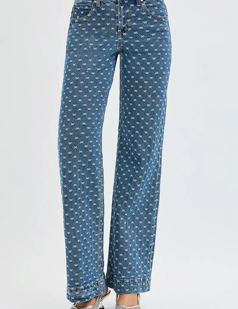RISEN High Rise Wide Leg Bow Embroidered Jeans | Daverri Fashions