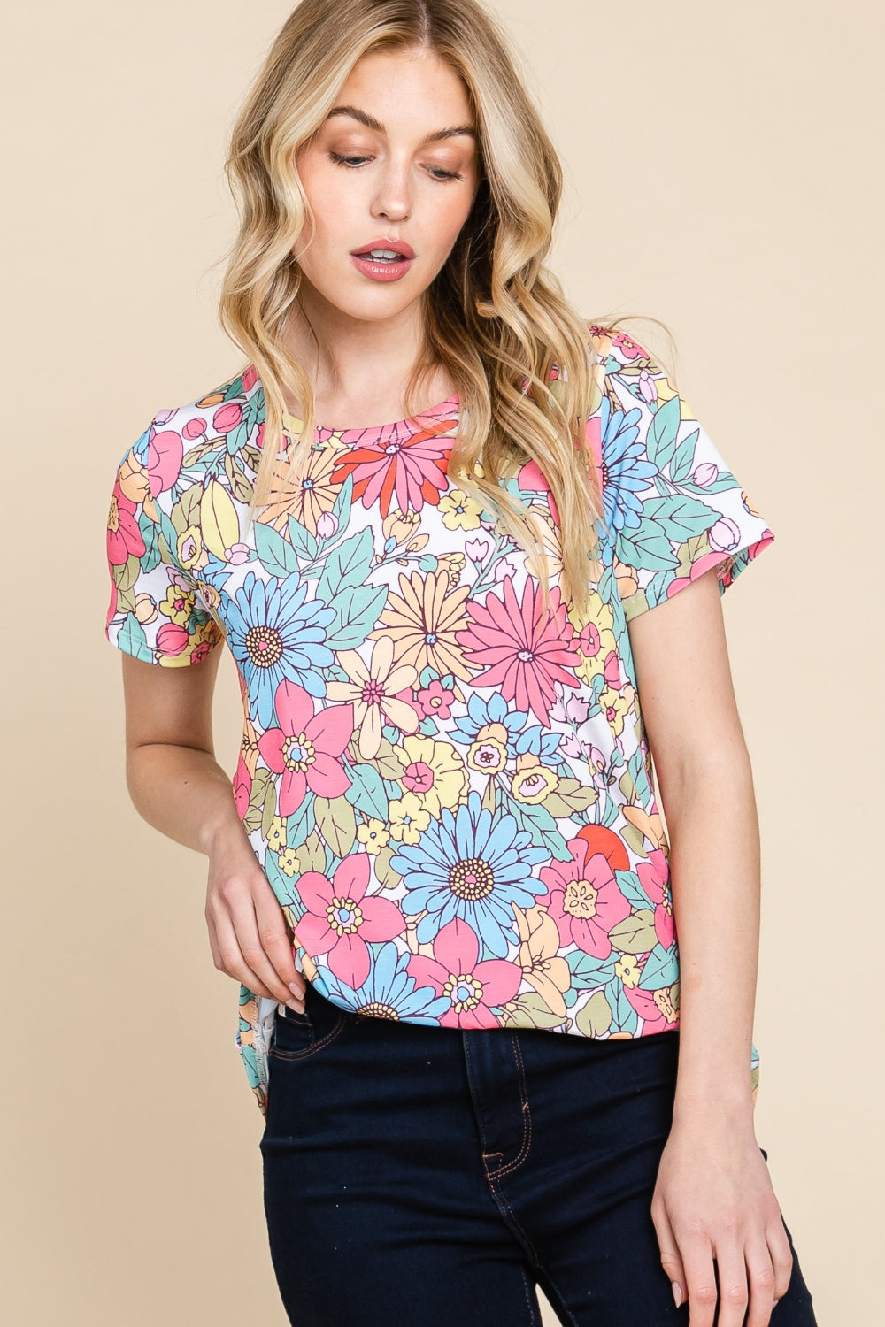 BOMBOM Floral Short Sleeve T-Shirt | Daverri Fashions