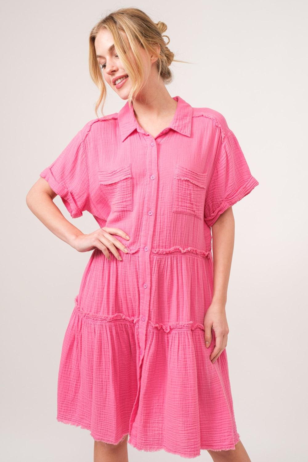 And The Why Full Size Raw Edge Washed Tiered Shirt Dress | Daverri Fashions