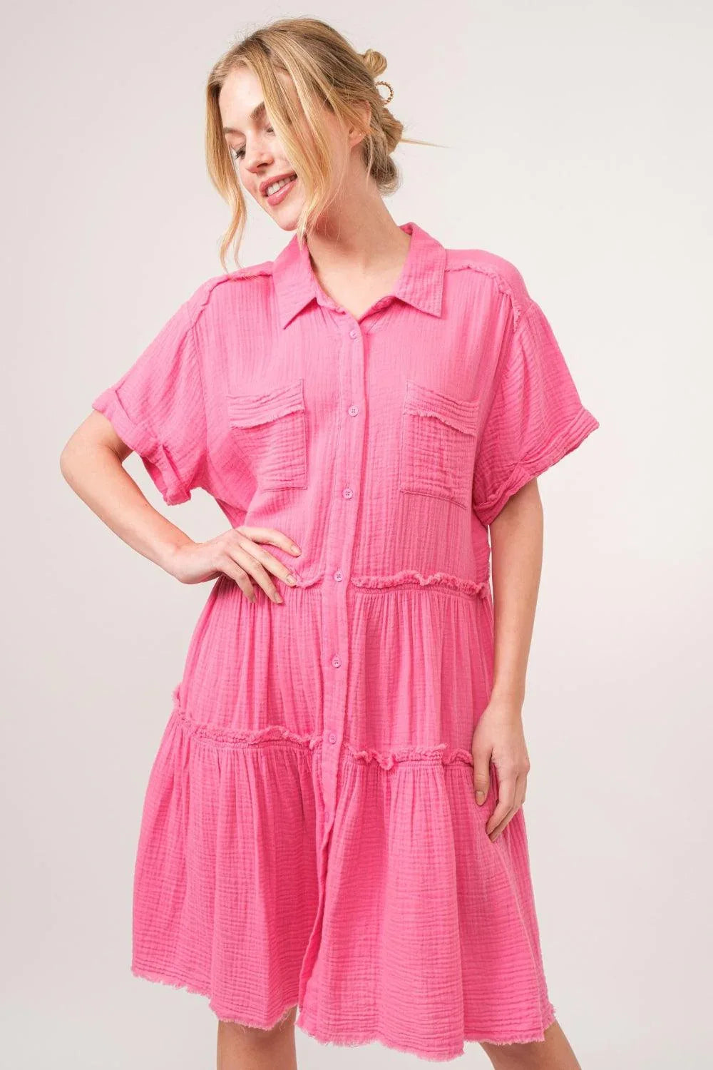 And The Why Full Size Raw Edge Washed Tiered Shirt Dress - DAVERRI FASHIONS