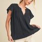 Aemi + Co Embroidered Trim Side Slit Notched Short Sleeve Blouse Blouses