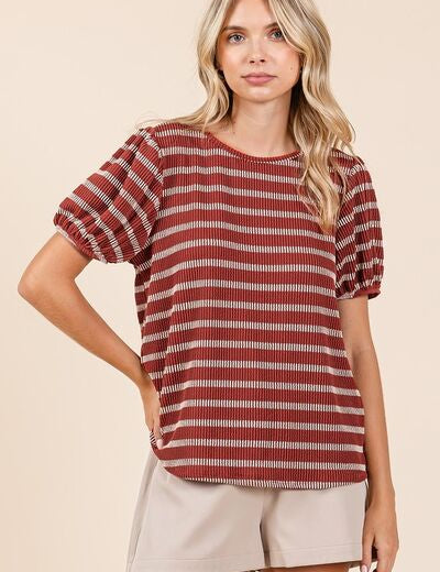 Mittoshop Contrast Striped Short Puff Sleeve Knit Top Rust