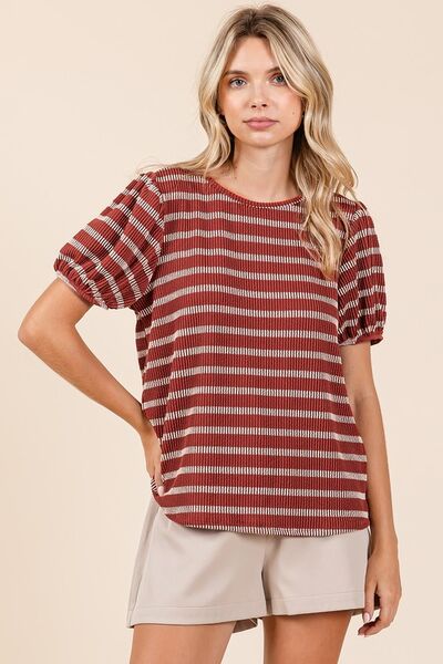 Mittoshop Contrast Striped Short Puff Sleeve Knit Top Rust