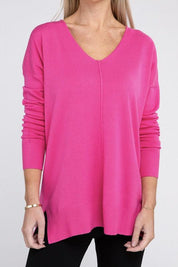 Garment Dyed Front Seam Zenana Sweater NEON HOT PINK L XL Tops