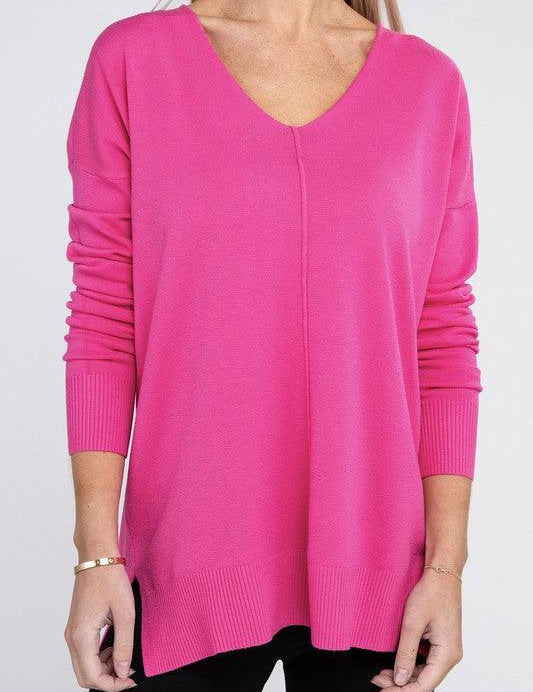 Garment Dyed Front Seam Zenana Sweater NEON HOT PINK L XL Tops