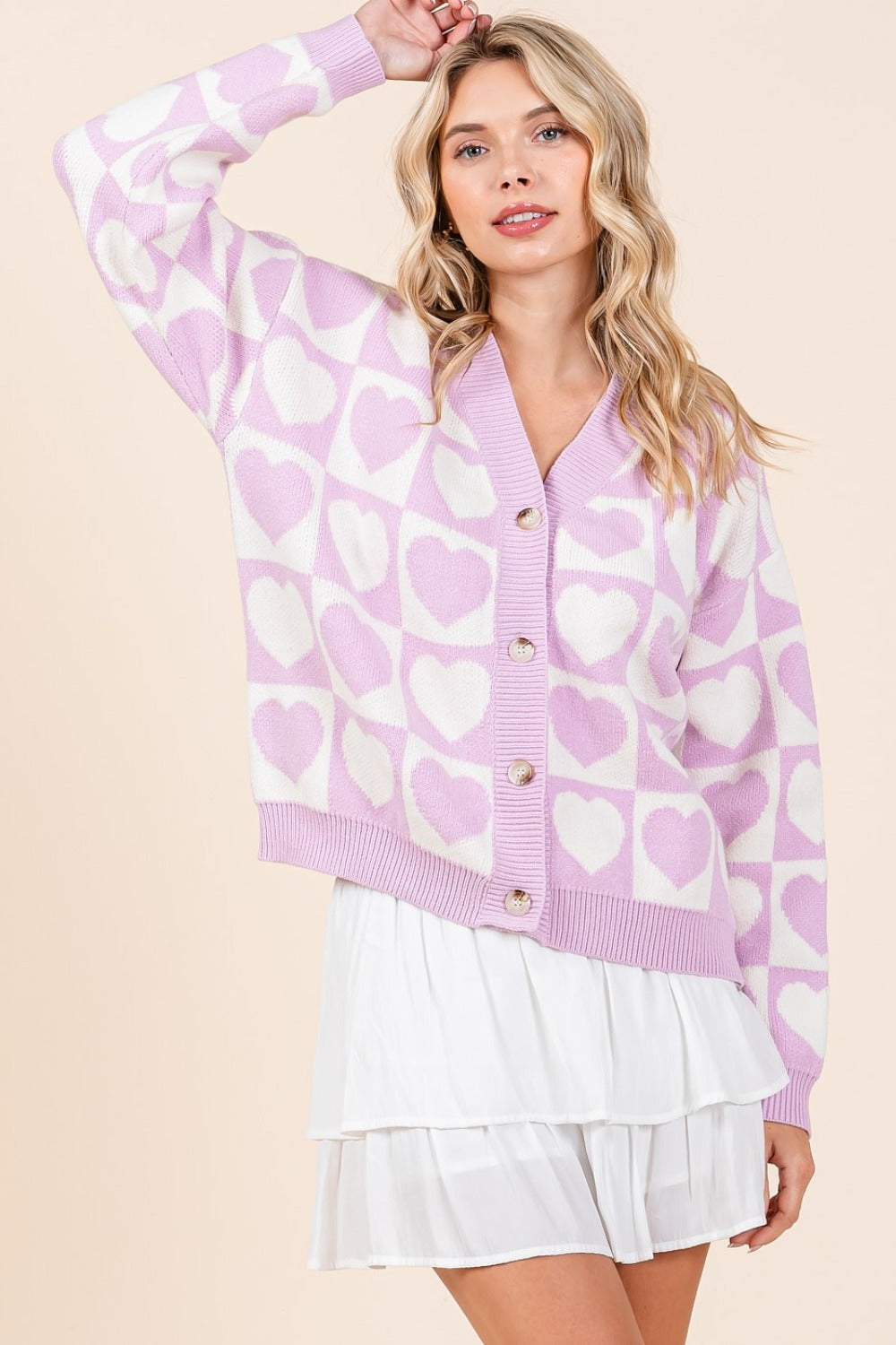 Checkered Heart Button Down Cardigan Lilac