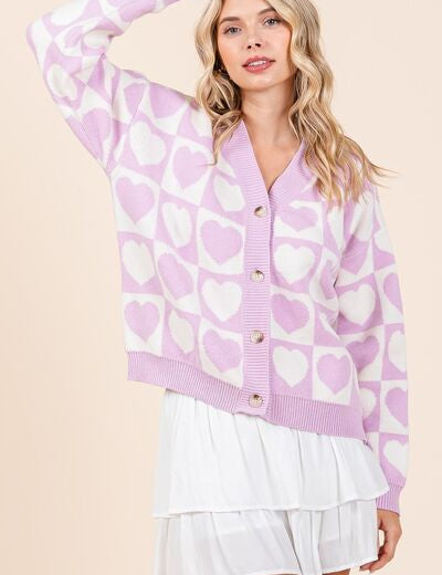 Mittoshop Checkered Heart Button Down Cardigan Lilac Cardigans