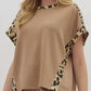 Beige leopard-print trim relaxed fit T-shirt with flutter sleeves