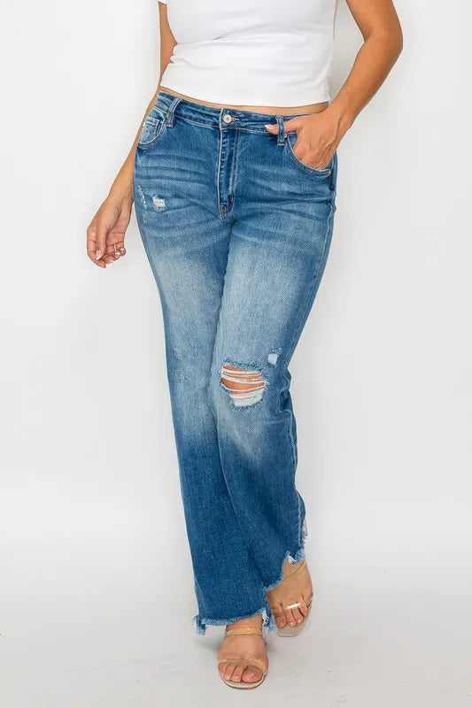 bytos Full Size Raw Hem Distressed Mid Rise Straight Jeans | Jeans Daverri Fashions