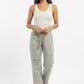 BiBi drawstring striped twill barrel pants in grey beige black pattern
