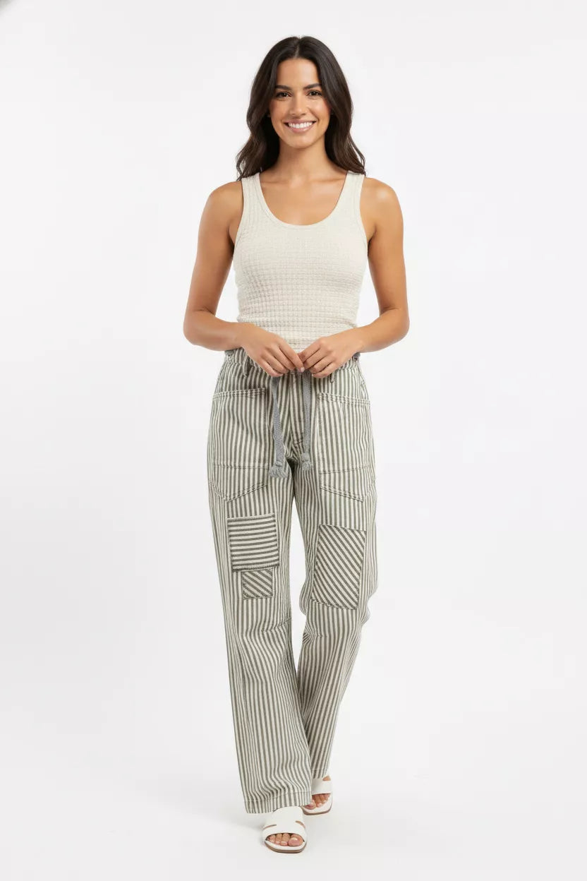 BiBi drawstring striped twill barrel pants in grey beige black pattern