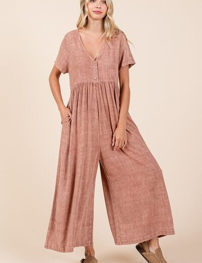 Mittoshop Mineral Wash Short Sleeve Flowy Wide Leg Jumpsuit Ginger S