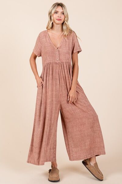 Mittoshop Mineral Wash Short Sleeve Flowy Wide Leg Jumpsuit Ginger S