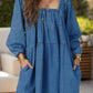 Tied Square Neck Long Sleeve Denim Dress with Pockets - DAVERRI FASHIONS