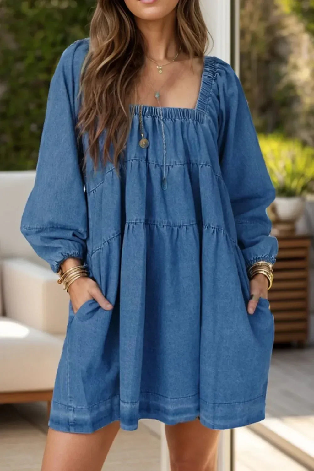 Tied Square Neck Long Sleeve Denim Dress with Pockets - DAVERRI FASHIONS