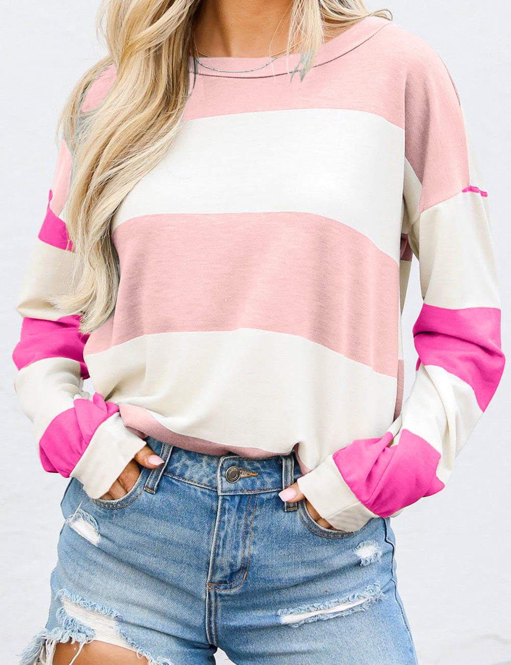 Rose Red Colorblock Striped Drop Shoulder Long Sleeve Top