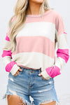 Rose Red Colorblock Striped Drop Shoulder Long Sleeve Sweater in Pastel Pink