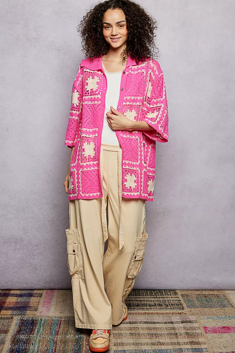 Vibrant pink POL crochet cardigan with white floral granny square patchwork