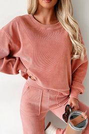 Pink Round Neck Long Sleeve Top and Pants Set | Loungewear Sets Daverri Fashions