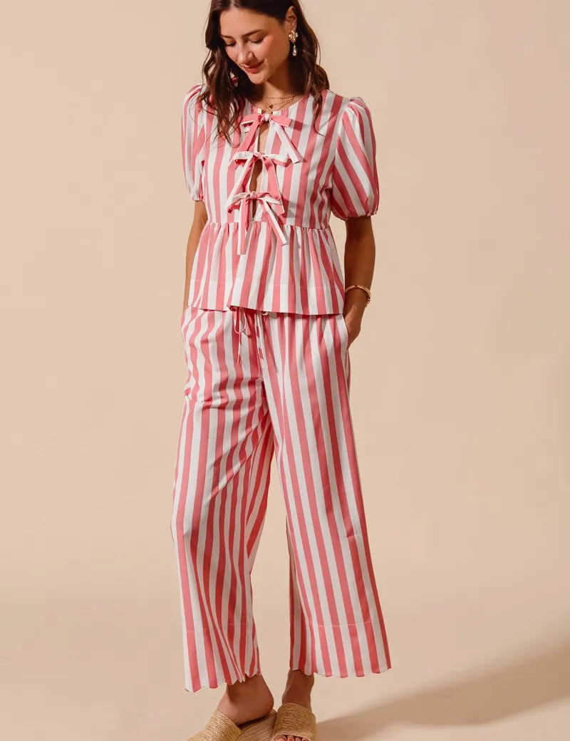 PINK SO ME Front Tie Stripe Top With Puff Sleeves and Wide Leg Pants Set | Outfit Sets Daverri Fashions