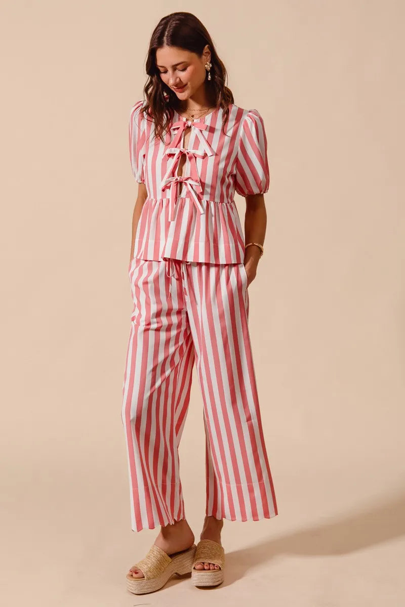 SO ME Front Tie Stripe Top With Puff Sleeves and Wide Leg Pants Set PINK